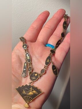 Vintage Amita Japan 24kt Gold & Brass Necklace . Damascene Enamel with Ori